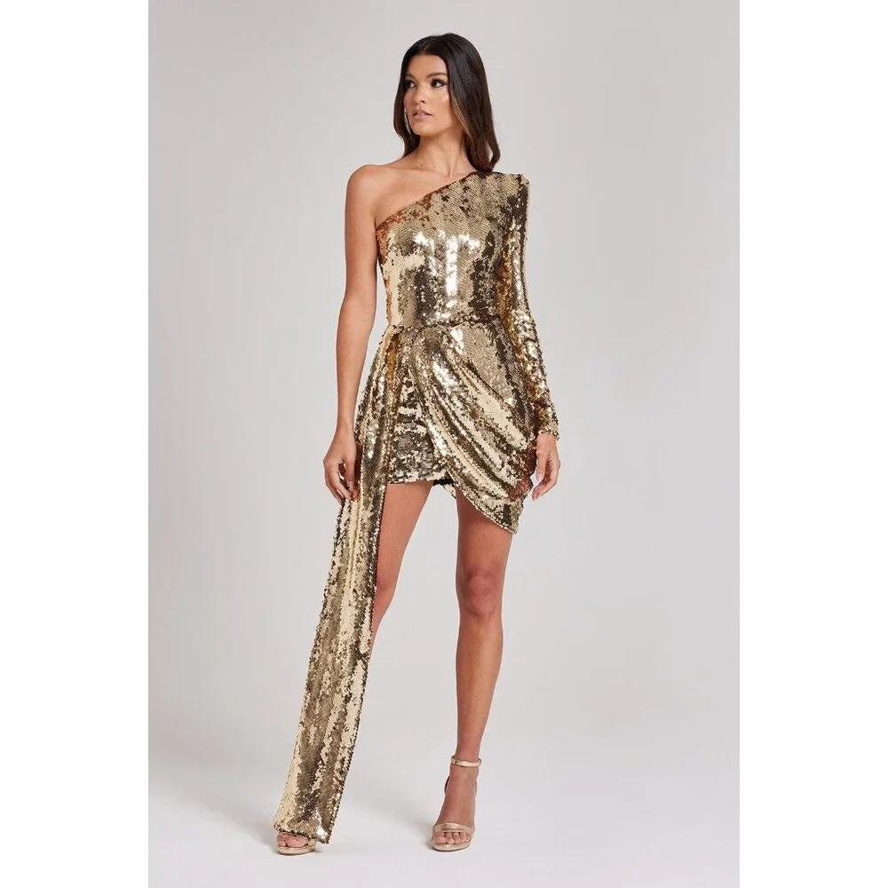 Nadine Merabi Celina Gold Sequin Dress Medium - Picture 2 of 15